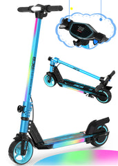 RCB Electric Scooter for Kids,Max Speed 9.3 mph,6.5 Miles Range,Rainbow LED Lights&Display,Foldable&Portable,Blue