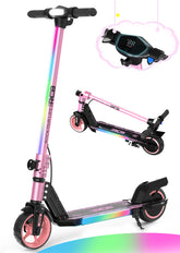 RCB Electric Scooter for Kids,Max Speed 9.3 mph,6.5 Miles Range,Rainbow LED Lights&Display,Foldable&Portable,Pink