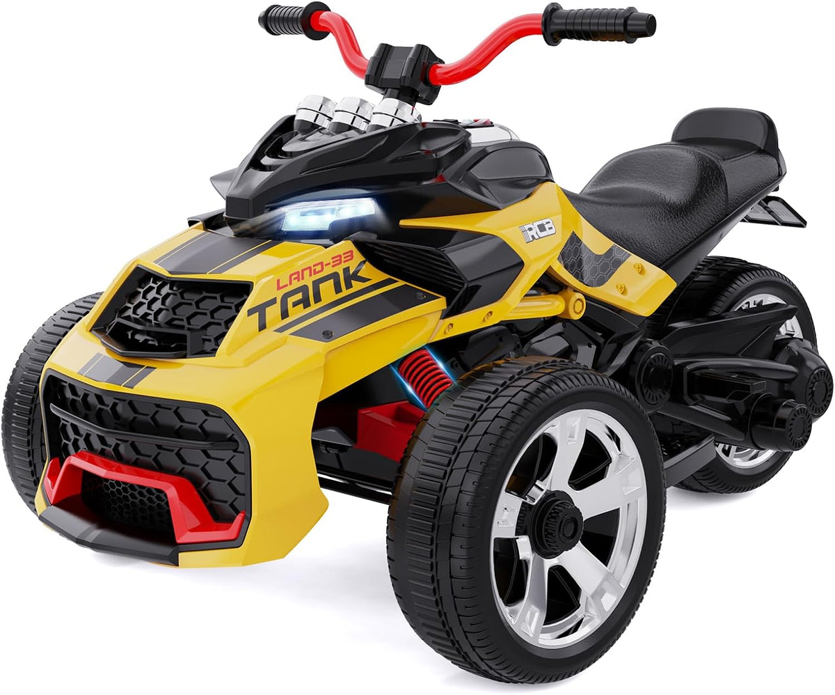 RCB  12V Electric Ride-On,Dual Motors,Music,Up to 8 mph,3 Wheel ATV Style for Kids Ages 3+,Yellow