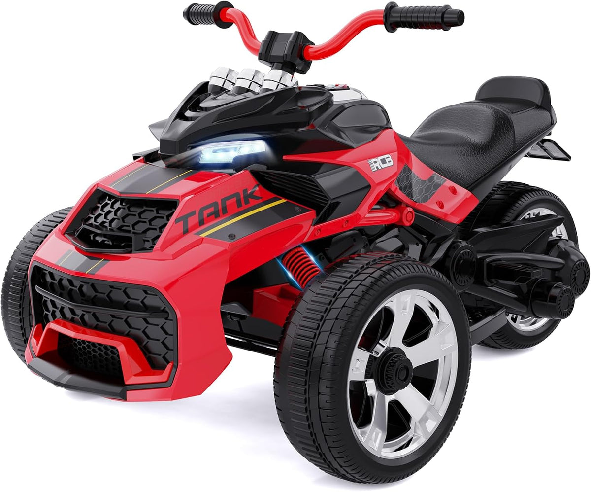 RCB 12V Electric Ride-On,Dual Motors,Music,Up to 5 mph,3 Wheel ATV Style for Kids Ages 3+,Red