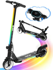 RCB Electric Scooter for Kids,Max Speed 9.3 mph,6.5 Miles Range,Rainbow LED Lights&Display,Foldable&Portable