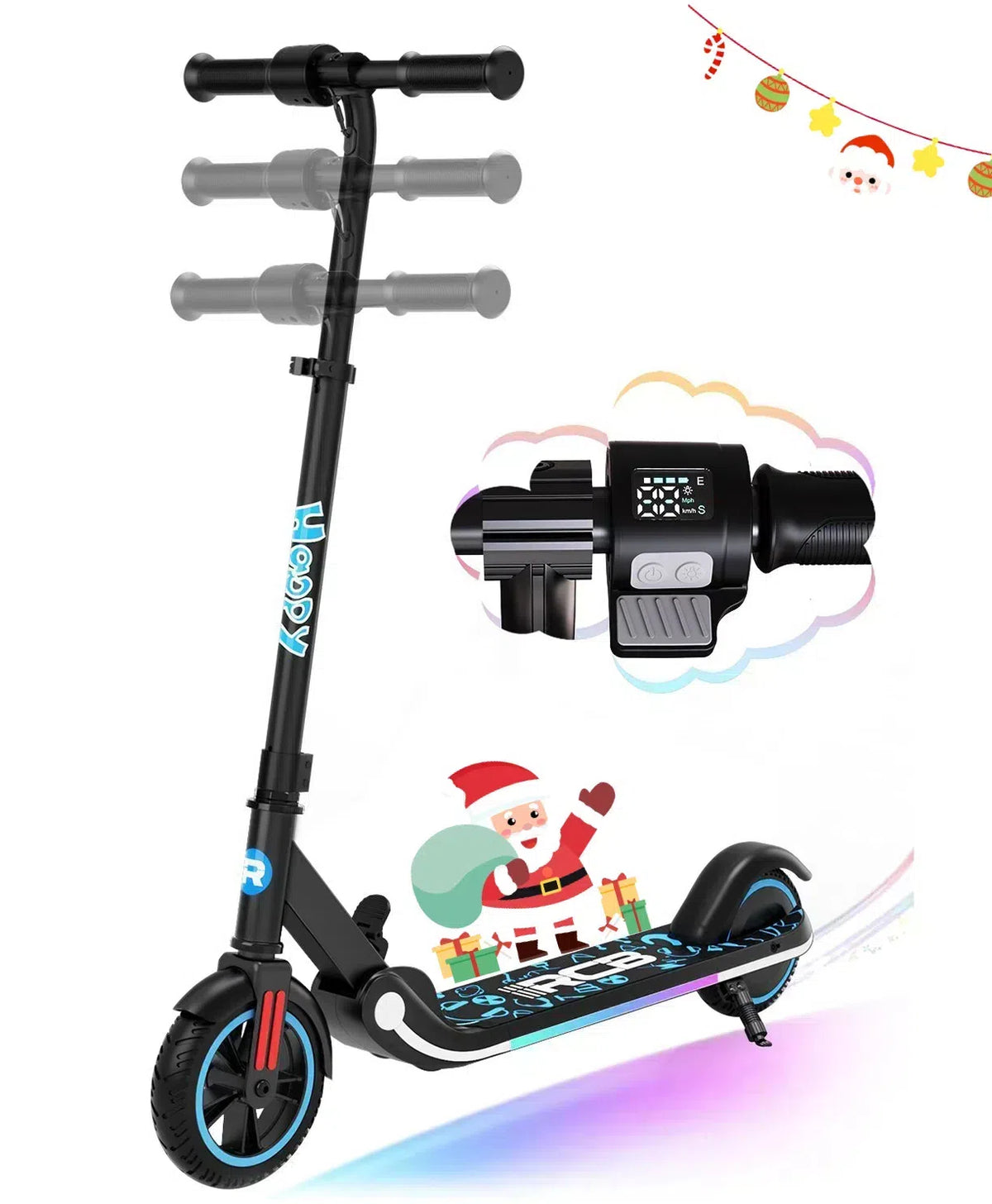 RCB Electric Scooter for Kids Ages 6-12, 200w, up to 10 Mph, Colorful Rainbow Light, Adjustable Speed &Height,Black