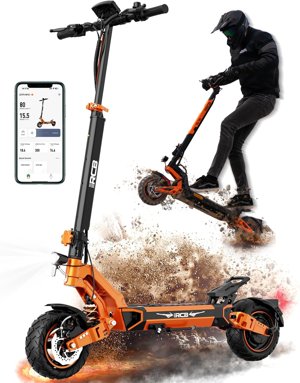 RCB D7PRO Foldable Electric Scooter 1600W Motor 28MPH 80 Miles Range, 10" Off-Road Tires, Dual Shocks, APP Control&NFC