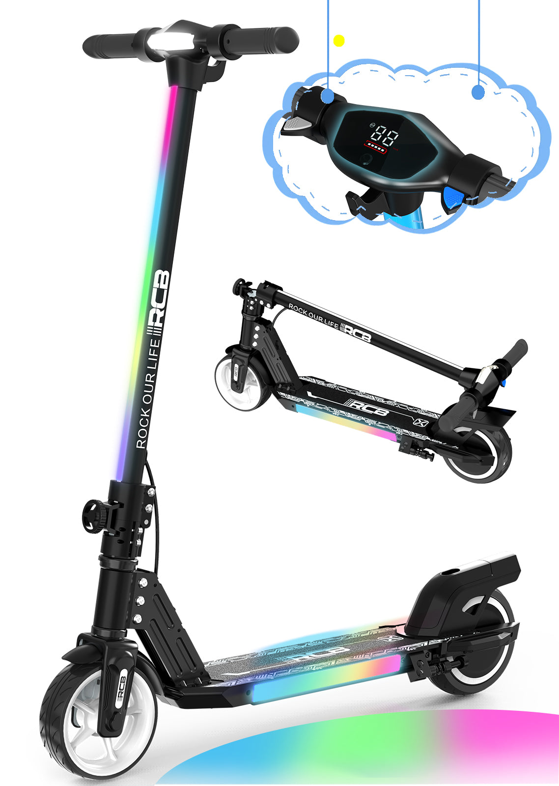 RCB Electric Scooter for Kids,Max Speed 9.3 mph,6.5 Miles Range,Rainbow LED Lights&Display,Foldable&Portable,Black